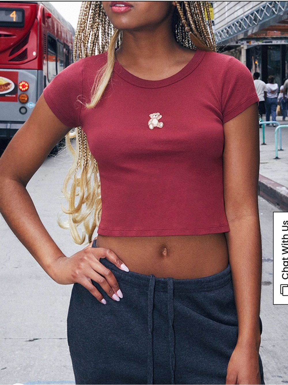 Brandy Melville John Galt Cropped Teddy Bear Baby Tee Tee Deep Burgundy Red S OS